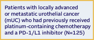 EV-201 trial design for patients with locally advanced or mUC after chemotherapy and PD-1/L1 inhibitor (N=125) received 1.25 mg/kg PADCEV via IV infusion on days 1, 8, and 15 of every 28-day cycle until disease progression or unacceptable toxicity. Primary endpoint: ORR. Secondary endpoint: DOR.